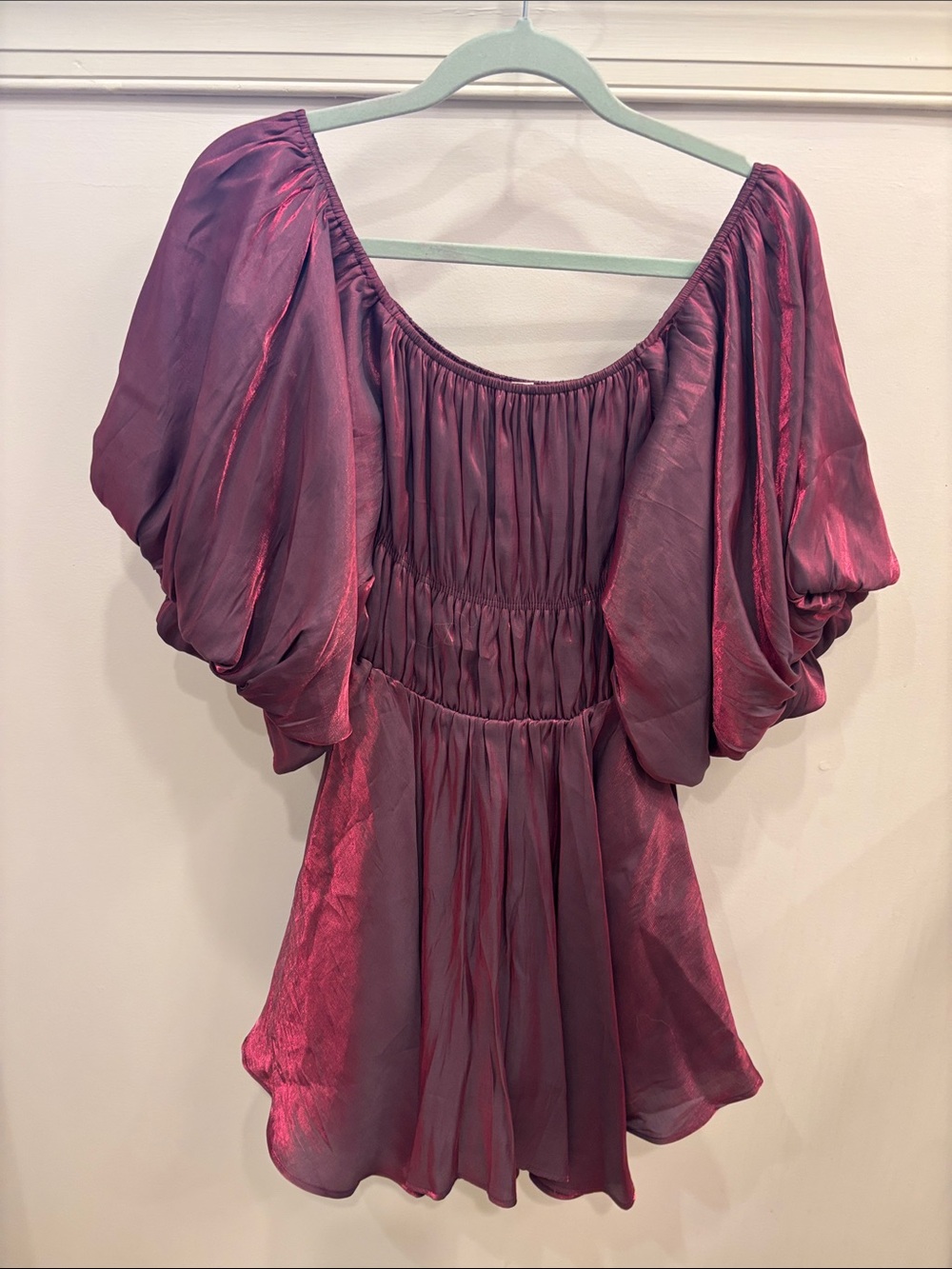Mini Dress in Deep Berry Pink with Puff Sleeves
